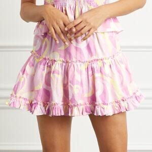 Hill House The Paz 100% Linen Pink Candy Kaleidoscope Ruffle Mini Skirt Size L